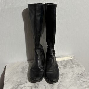 Black Boots Tall Faux Leather Zip Up Low Heel Buckle Women’s 8